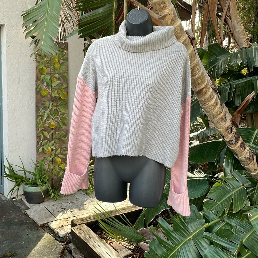 Color block rib, net turtleneck sweater by Cozy Co.